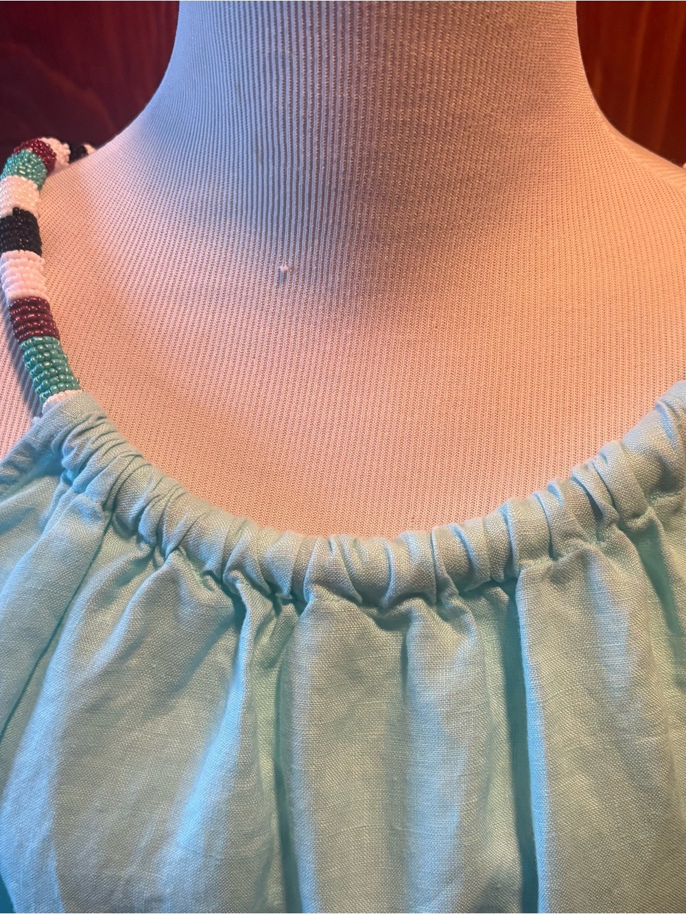St. Tropez West 100% Linen Mini Shift Dress Beaded Neckline Aqua Size Medium